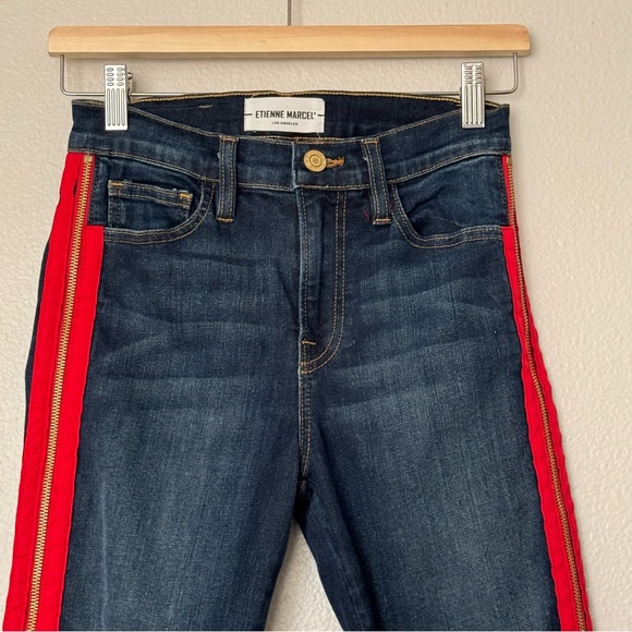Etienne Marcel Indigo Side Zip Red Ribbon Tuxedo Stripe Skinny Jeans Size 27 - Picture 3 of 10